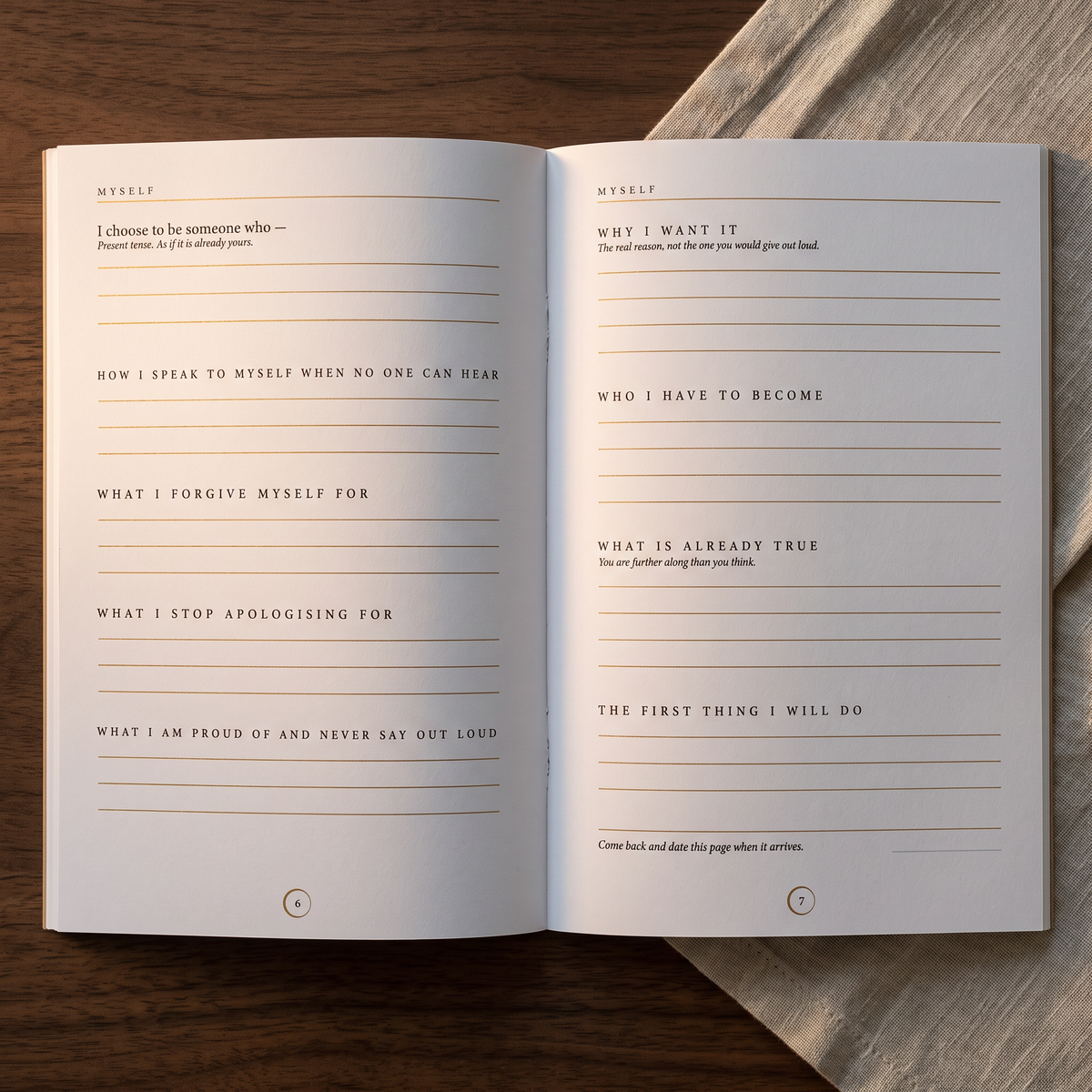 Manifestation Journal open, the Myself pages