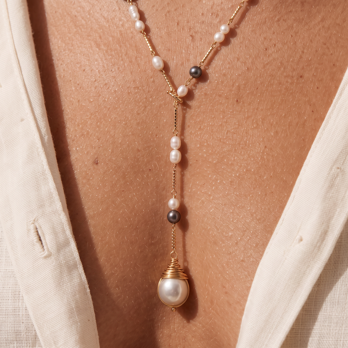 Evening Hour necklace worn, close on the pearl drop