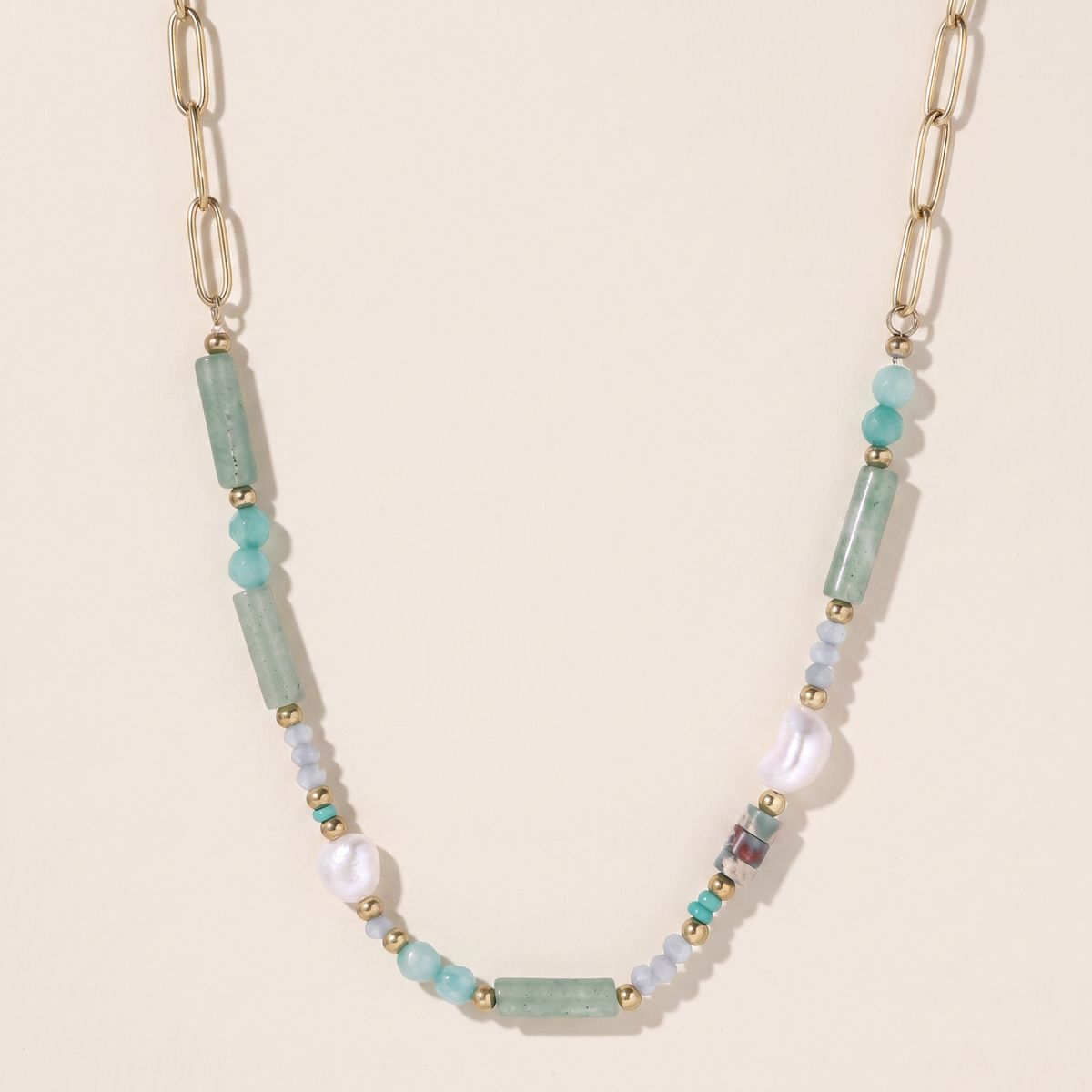 Sea Glass necklace laid flat, green aventurine tubes and amazonite with baroque pearls