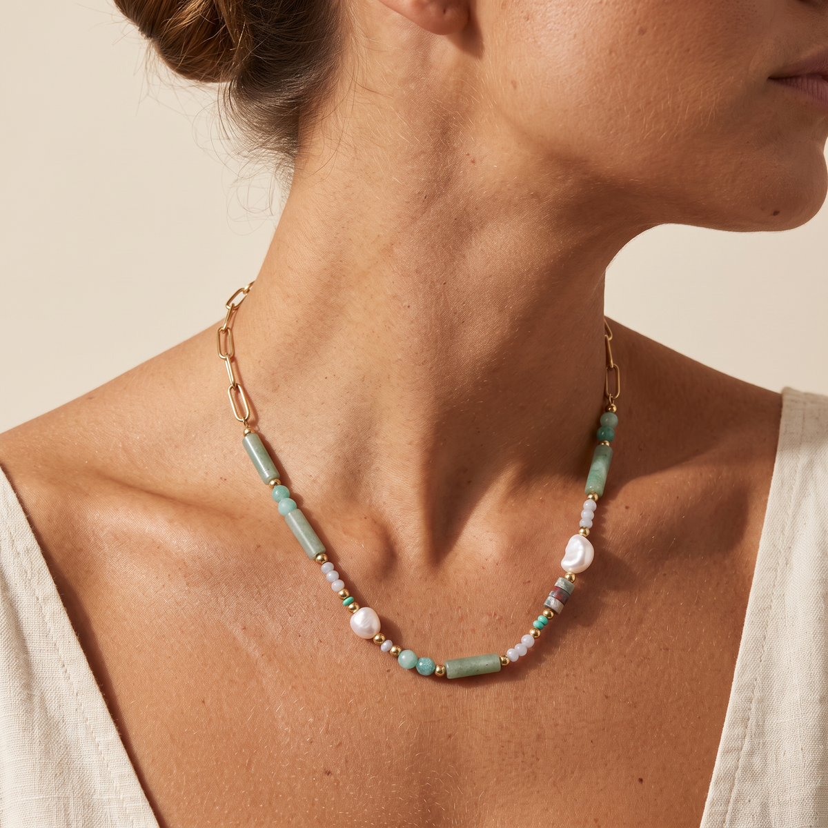 Sea Glass necklace worn, full strand visible