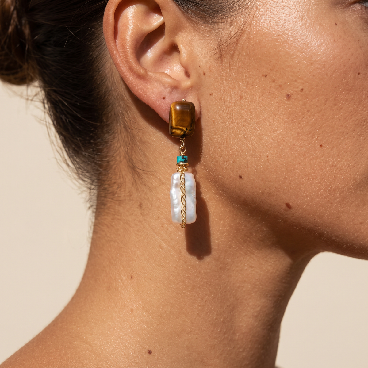Amber Hour earring worn, close on the ear