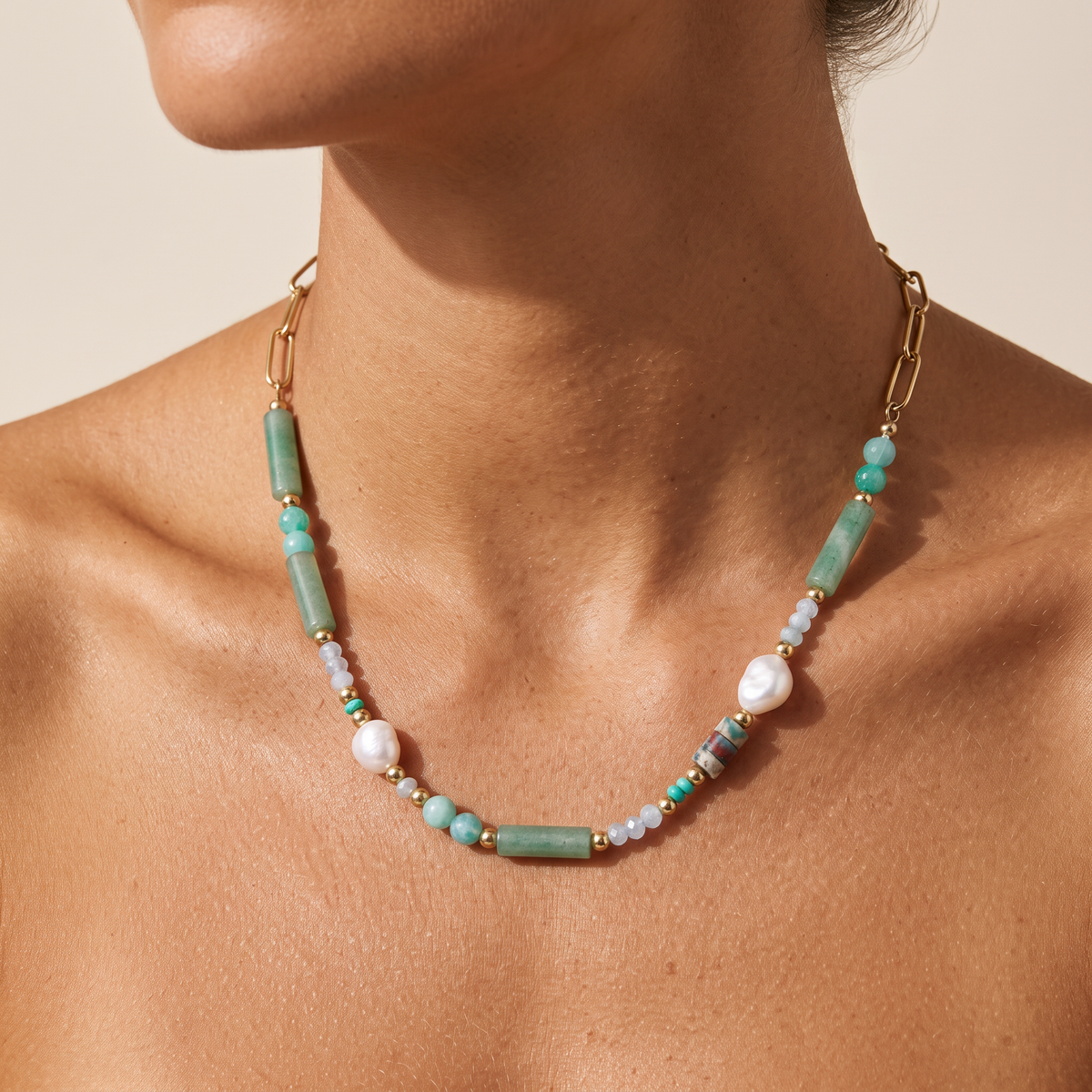 Sea Glass necklace worn at the collarbone