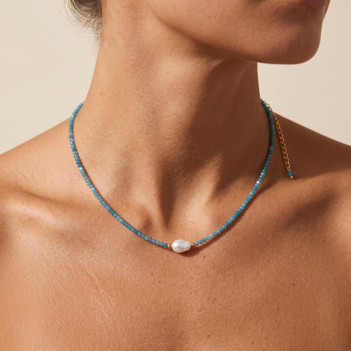Tidewater necklace worn at the collarbone